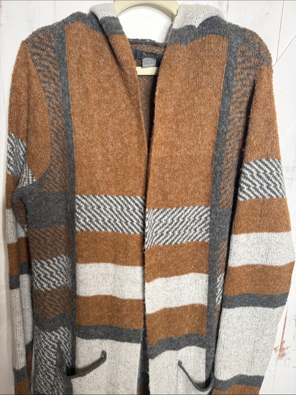Natural Reflections Hooded Open-Front Cardigan in Brown, Gray & Cream - Picture 2 of 13